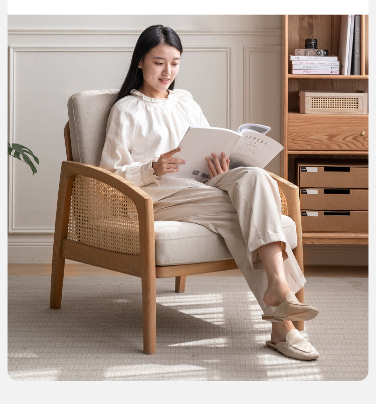 Solid Wood Rattan Chair - Compact Ergonomic Design with Oak Frame & Removable Cushion