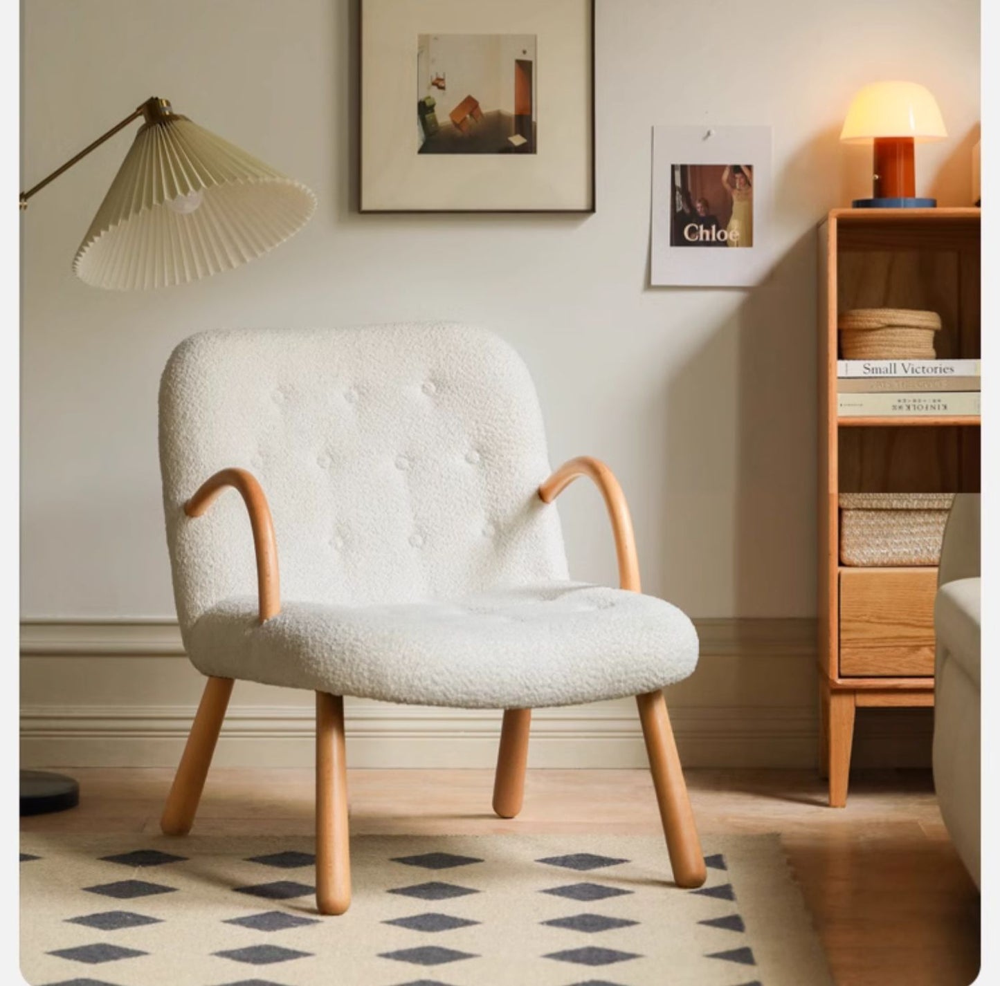 Nordic Shearling Accent Chair - Solid Beech Wood Lounge Chair with Plush Removable Cushion