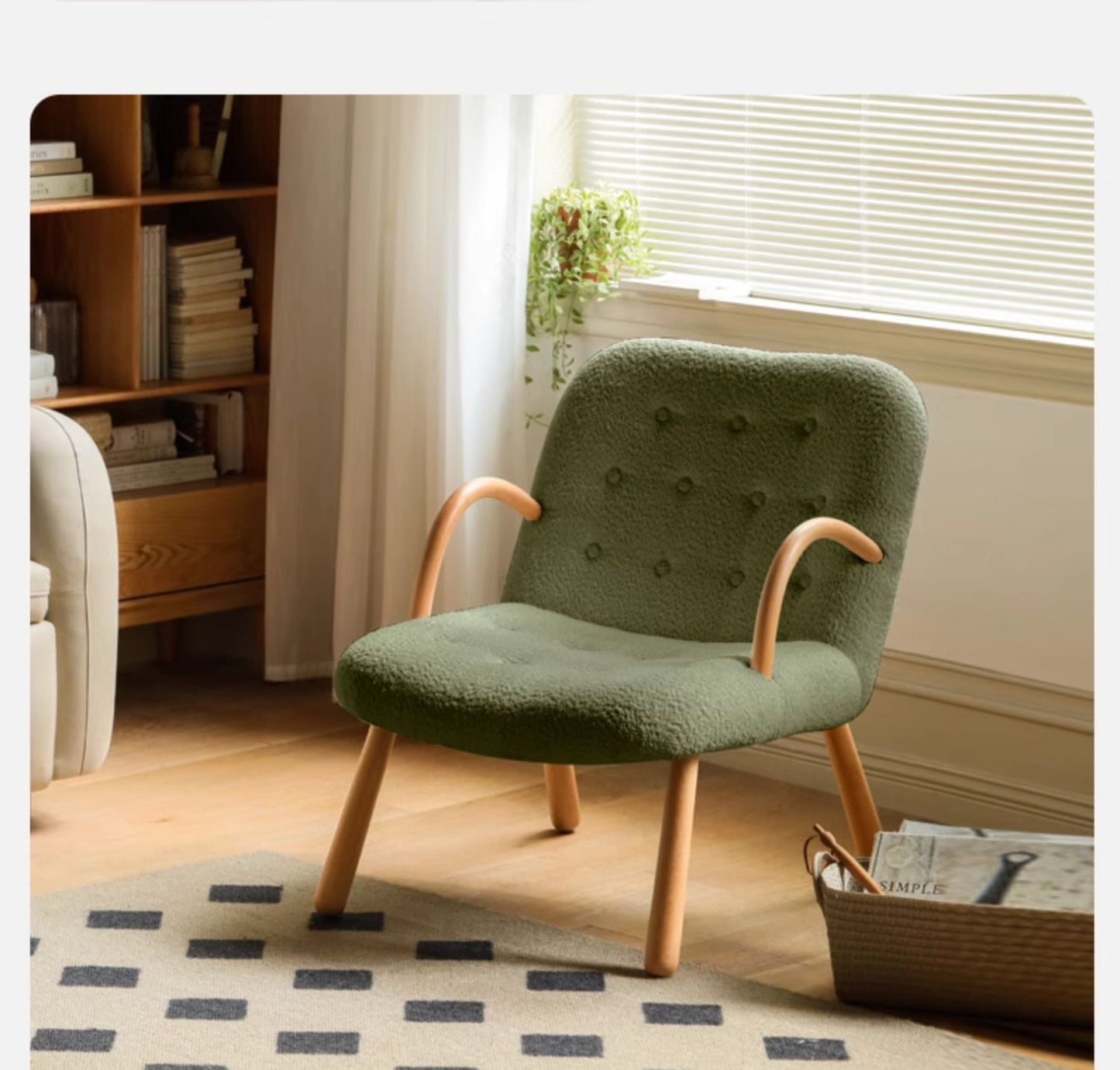 Nordic Shearling Accent Chair - Solid Beech Wood Lounge Chair with Plush Removable Cushion