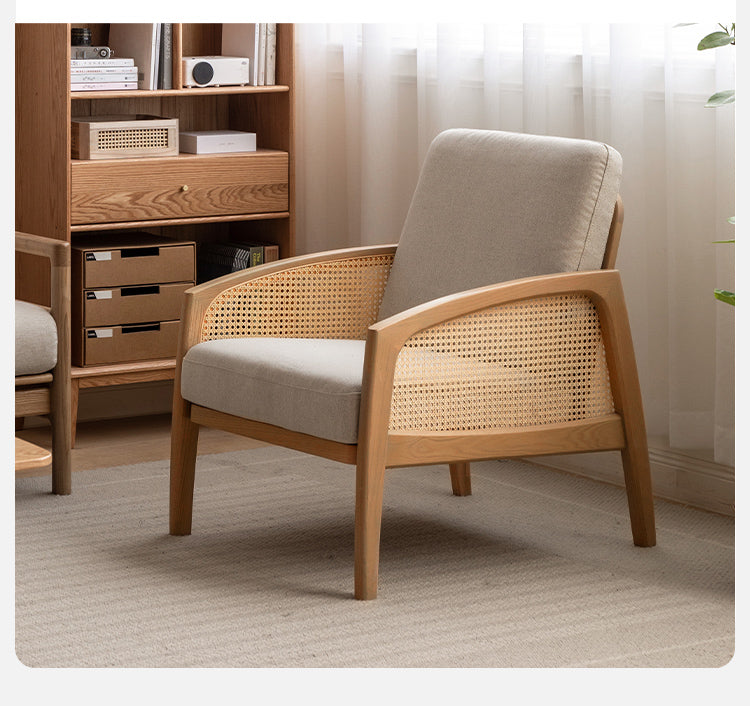 Solid Wood Rattan Chair - Compact Ergonomic Design with Oak Frame & Removable Cushion