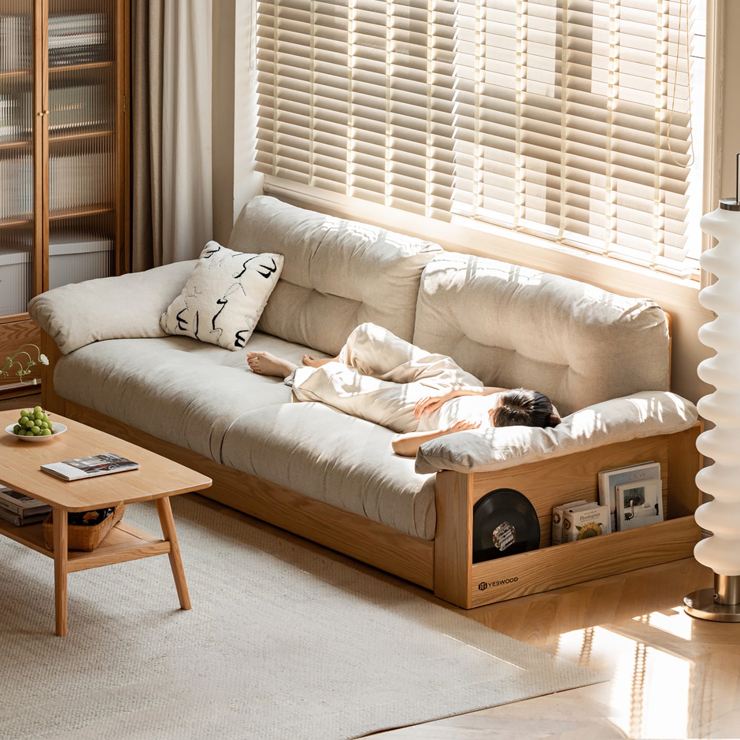 All-Solid Wood Storage Sofa – Modern Minimalist Oak Row Sofa for Small Living Rooms