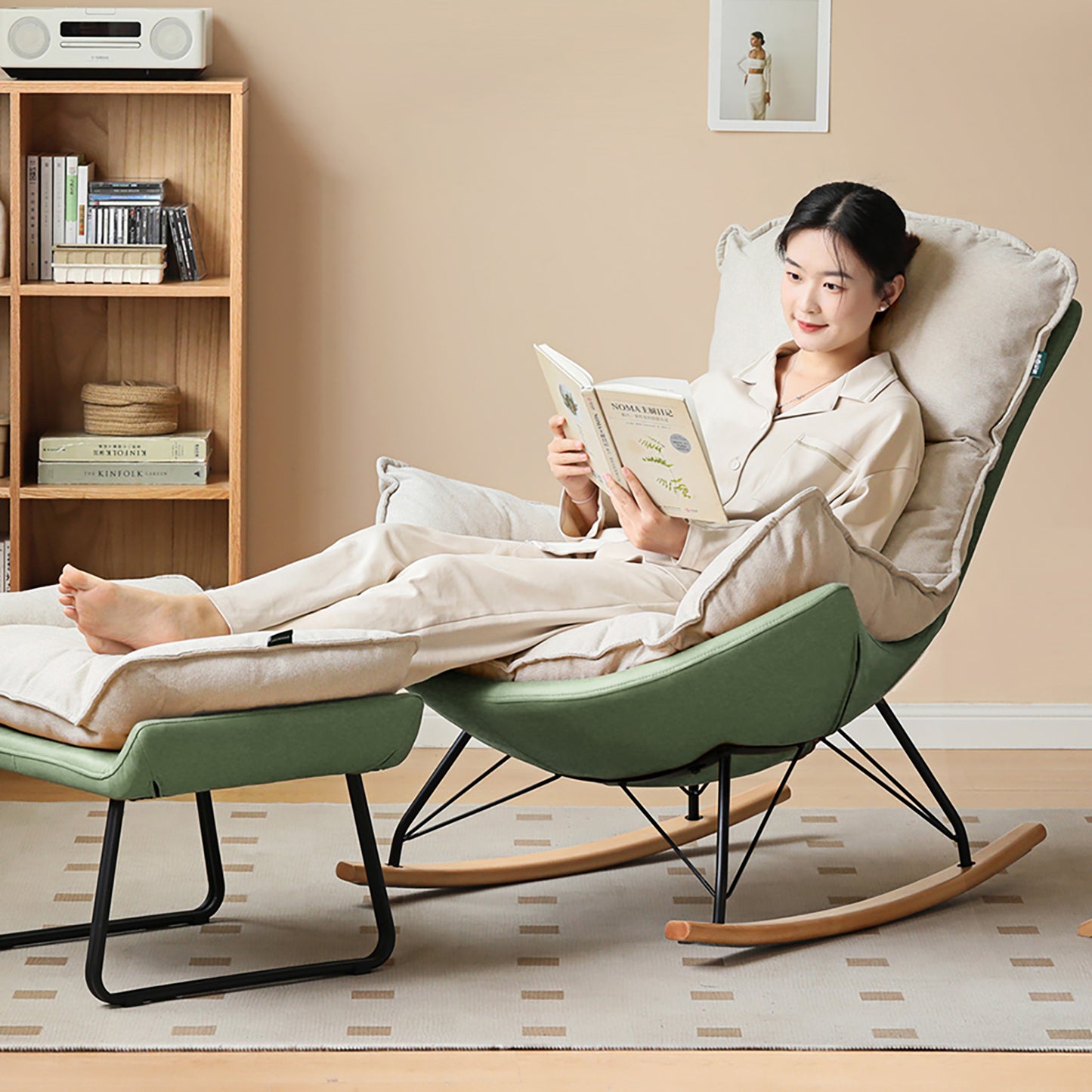 Genji Wood Fabric Eggshell Chair - Single Recliner Lounge Chair, Rocking Chair for Adults, Lazy Sofa for Balcony & Home Use