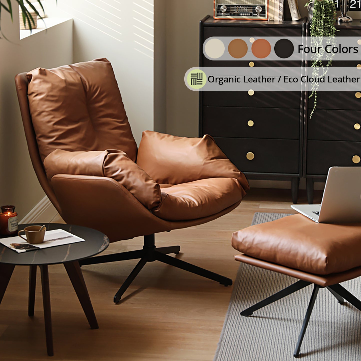 Organic Silicone Leather Swivel Chair - Italian-Inspired Accent Chair with Goose Down Cushion & Cat-Proof Design