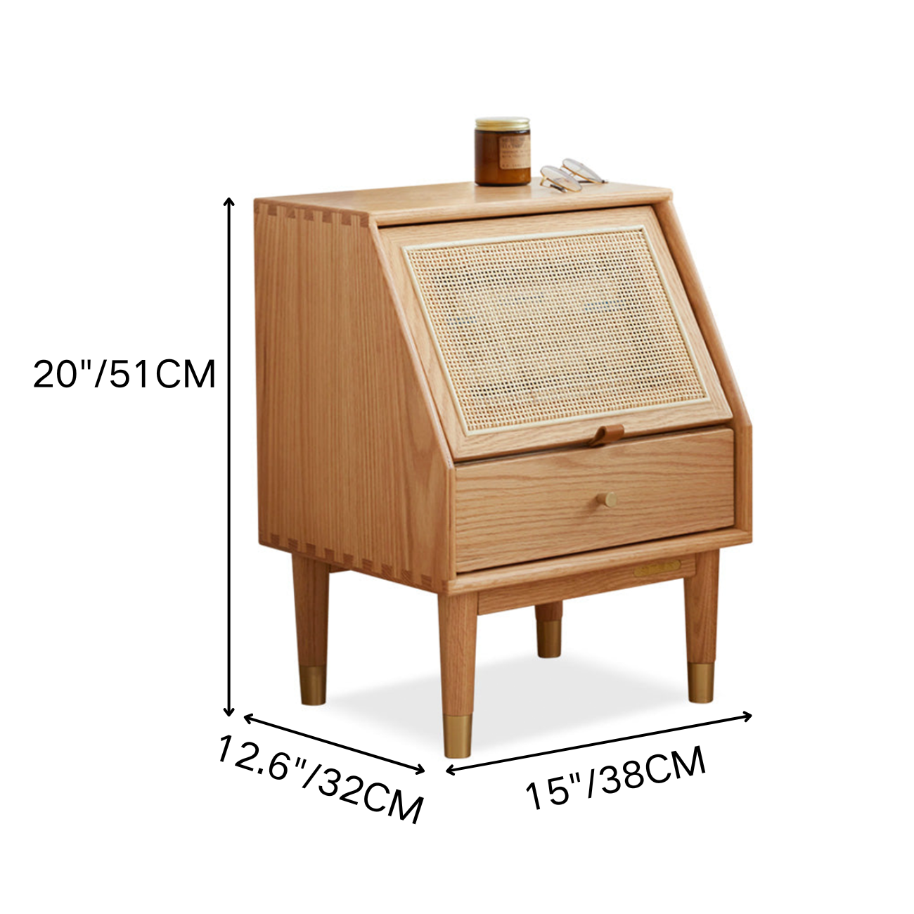 100% FAS 橡木藤条床头柜边桌带抽屉(自然色)