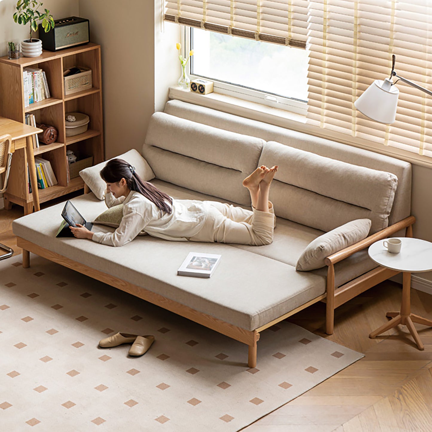 Oak Convertible Sofa Bed - Space-Saving Japanese Design with Washable Fabric & Solid Wood Frame