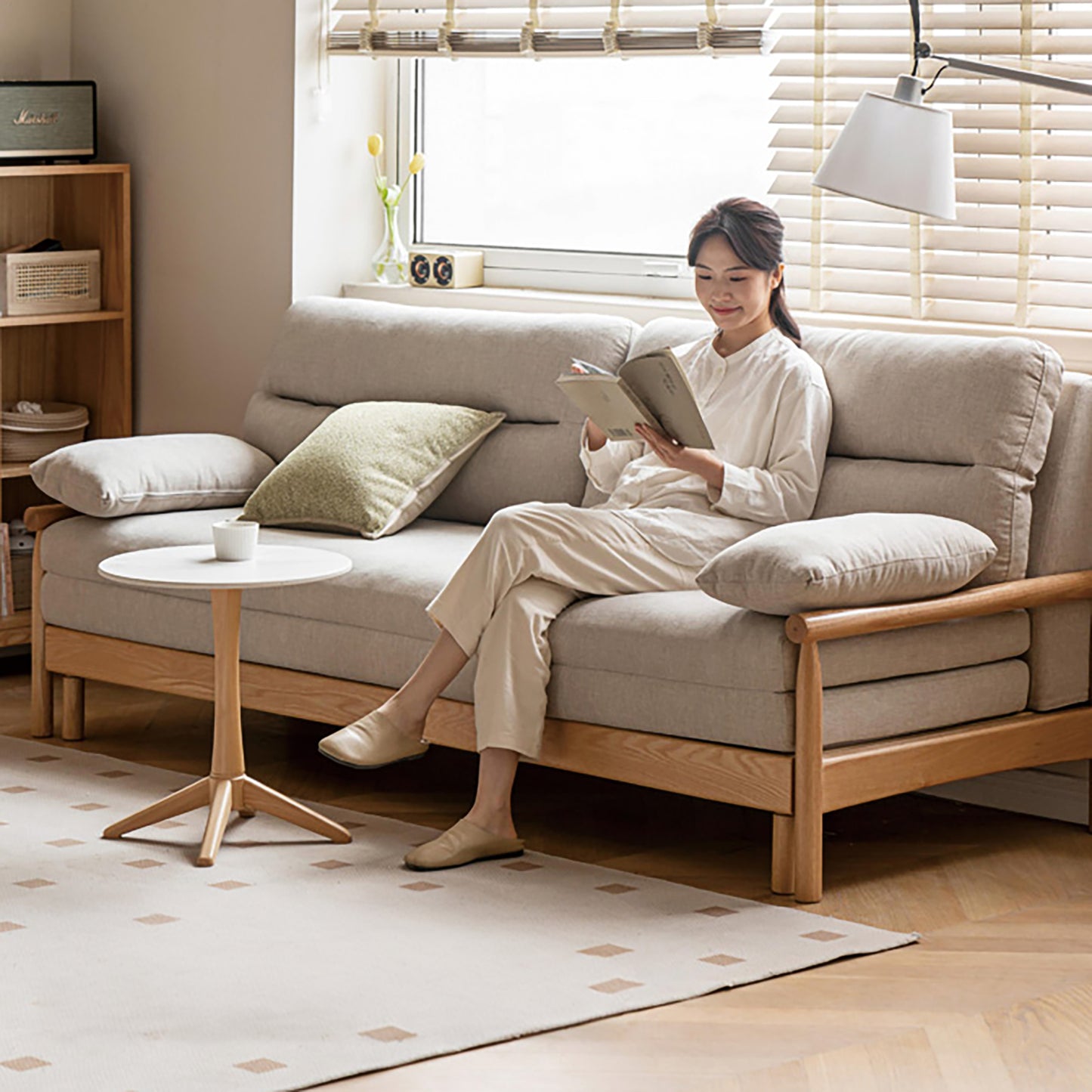 Oak Convertible Sofa Bed - Space-Saving Japanese Design with Washable Fabric & Solid Wood Frame