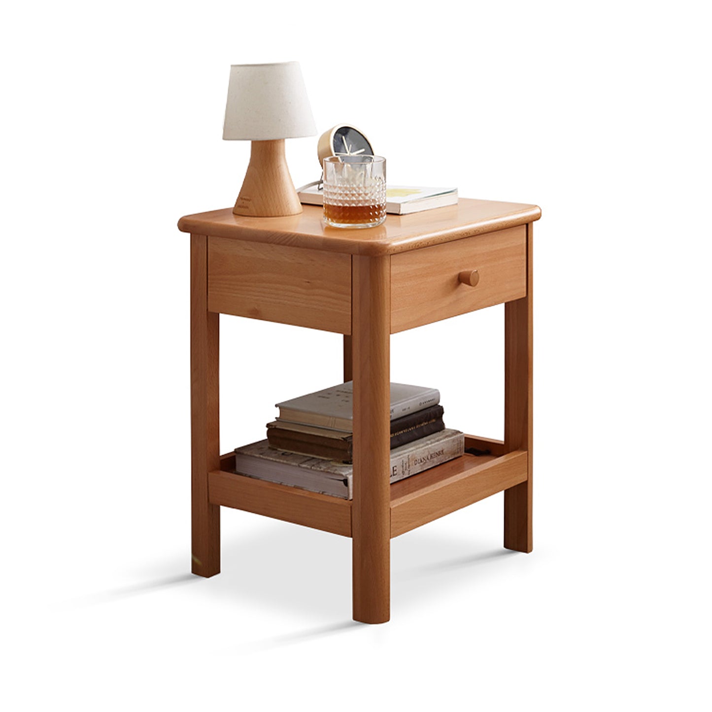 100% Solid Wood Bedside Table Single Drawer Open Design Partition Nightstand (Natural/Walnut)