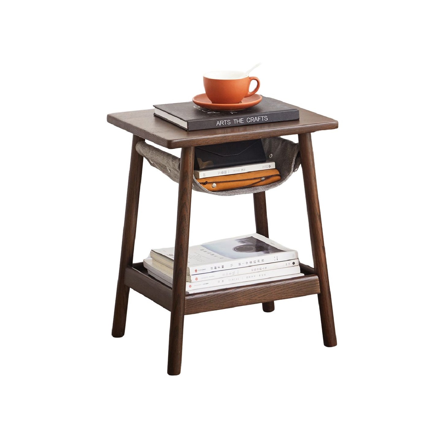 100% 实心橡木边桌/茶几床头柜,带储物袋(自然色/胡桃木色)