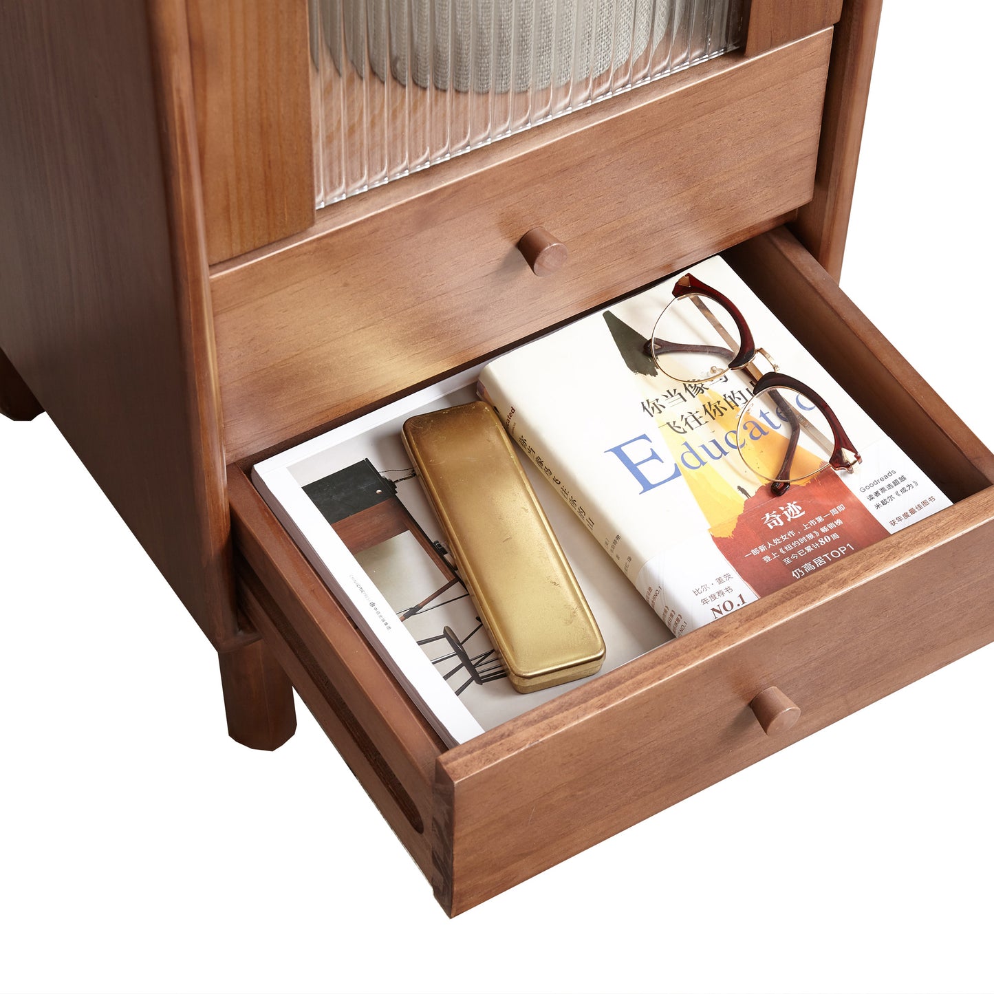 100% Sold Wood Corner Cabinet Storage with Vintage Glass Door (Walnut)