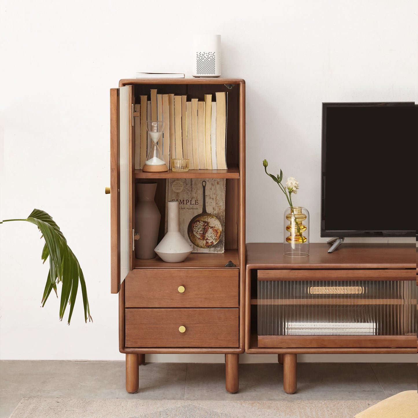 100% Sold Wood Corner Cabinet Storage with Vintage Glass Door (Walnut)