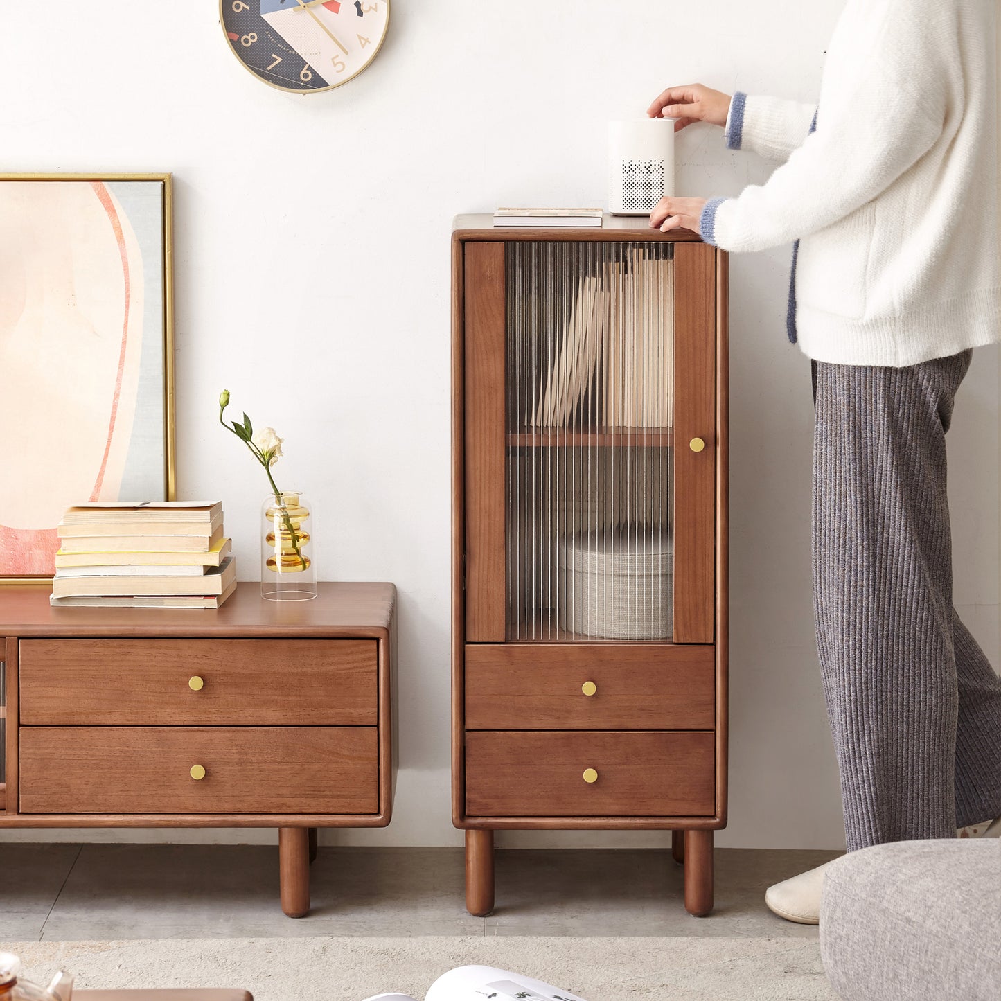 100% Sold Wood Corner Cabinet Storage with Vintage Glass Door (Walnut)