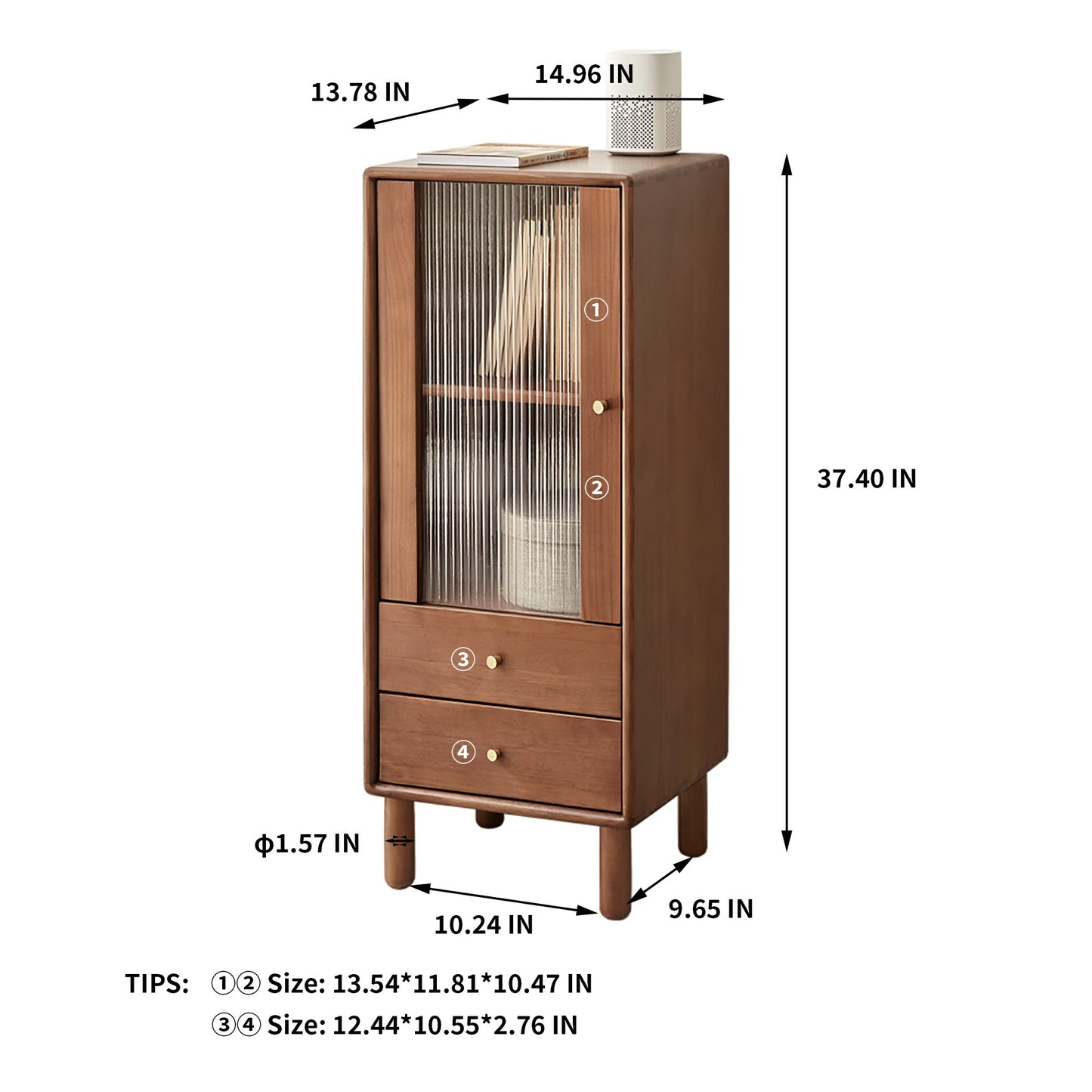 100% Sold Wood Corner Cabinet Storage with Vintage Glass Door (Walnut)
