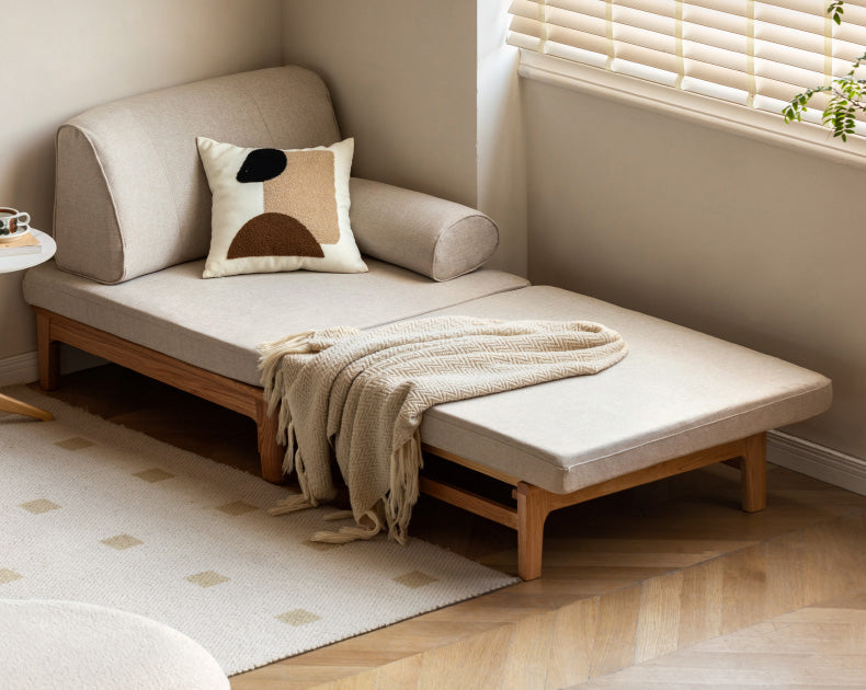Title: Solid Wood Convertible Sofa Bed - Space-Saving Fold-to-Bed Design with Organic Linen & Oak Frame