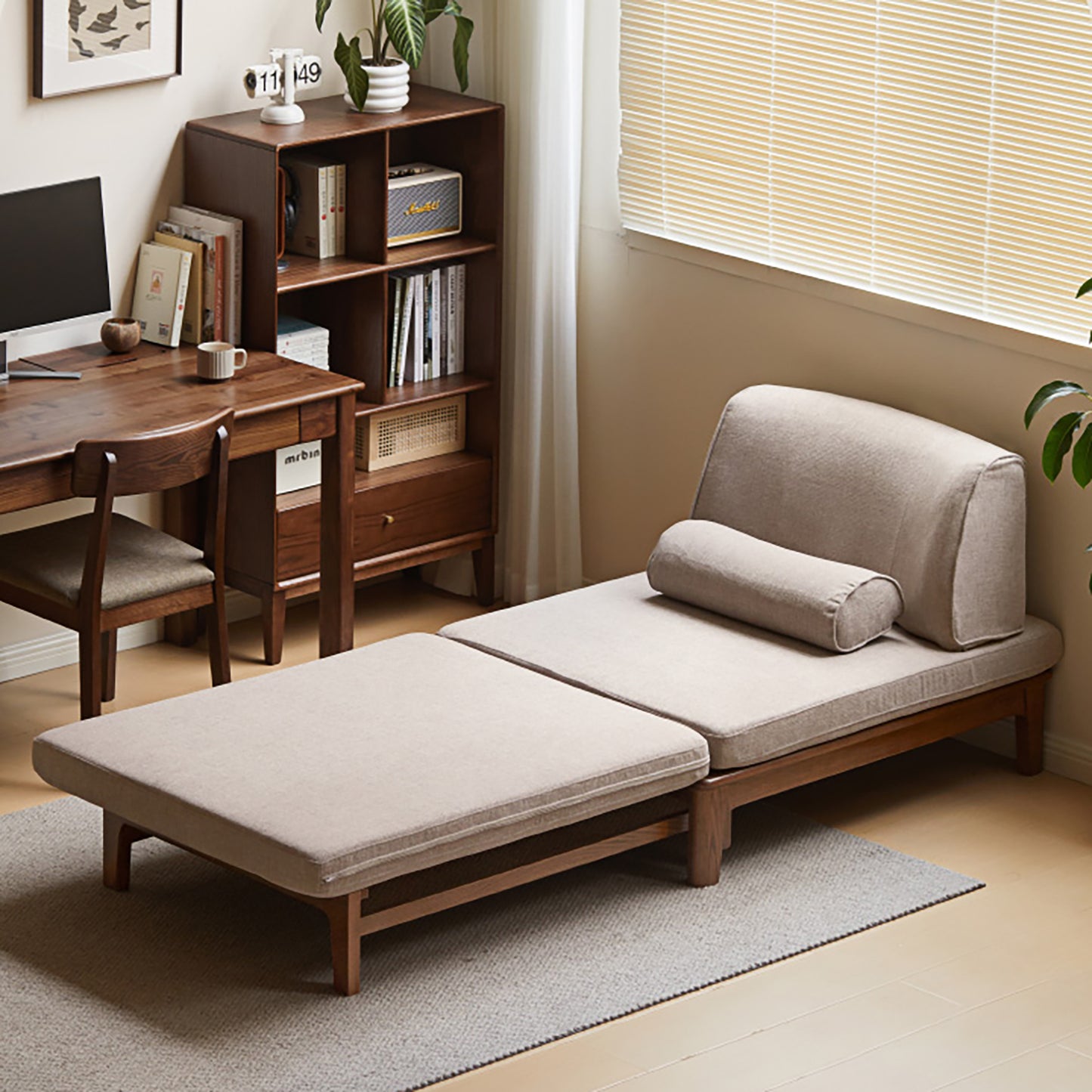 Title: Solid Wood Convertible Sofa Bed - Space-Saving Fold-to-Bed Design with Organic Linen & Oak Frame