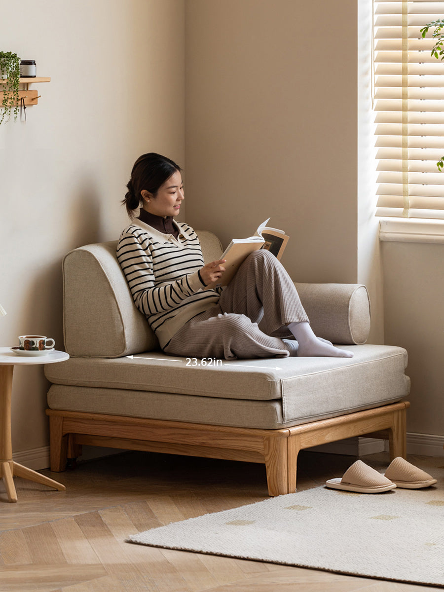 Title: Solid Wood Convertible Sofa Bed - Space-Saving Fold-to-Bed Design with Organic Linen & Oak Frame