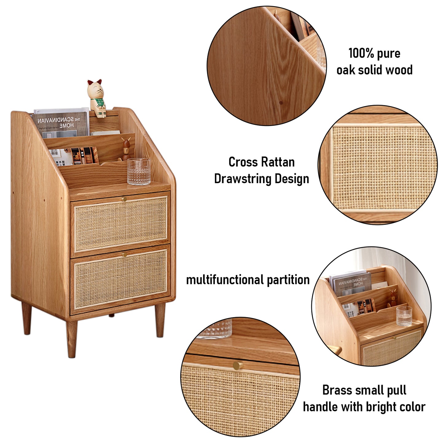 100% 实心橡木床头柜 藤条床头柜(自然色)