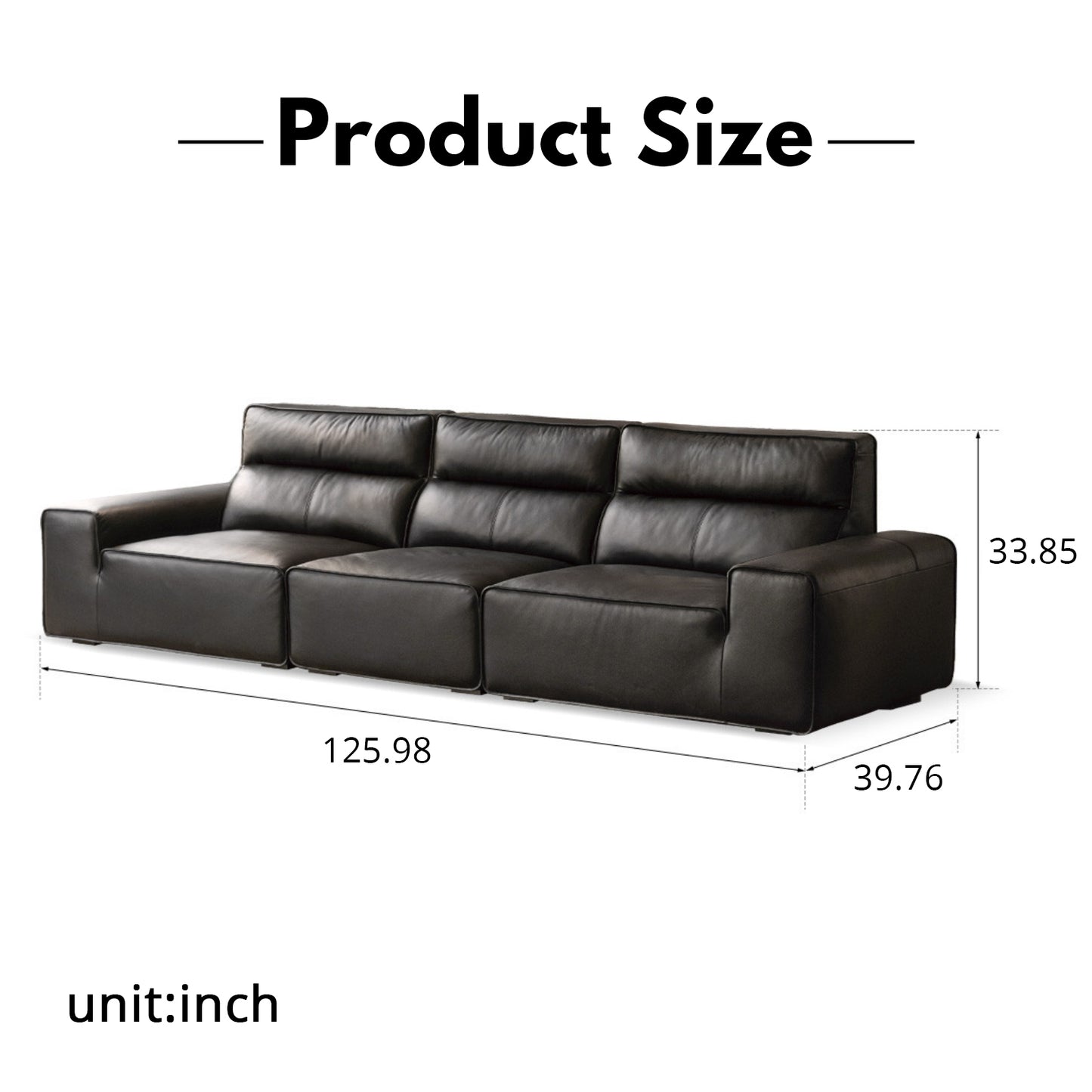 Genuine Leather Sofa – Italian Minimalist High-Back Top-Grain Black Leather Sofa