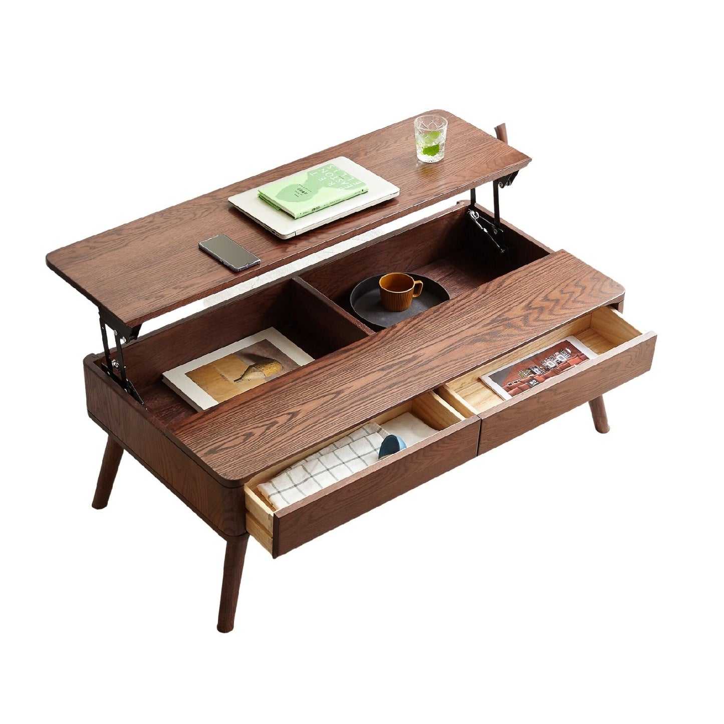 100% 实心橡木升降式咖啡桌,带储物架,原木色/胡桃木色 (39.37 英寸/ 47.24 英寸)