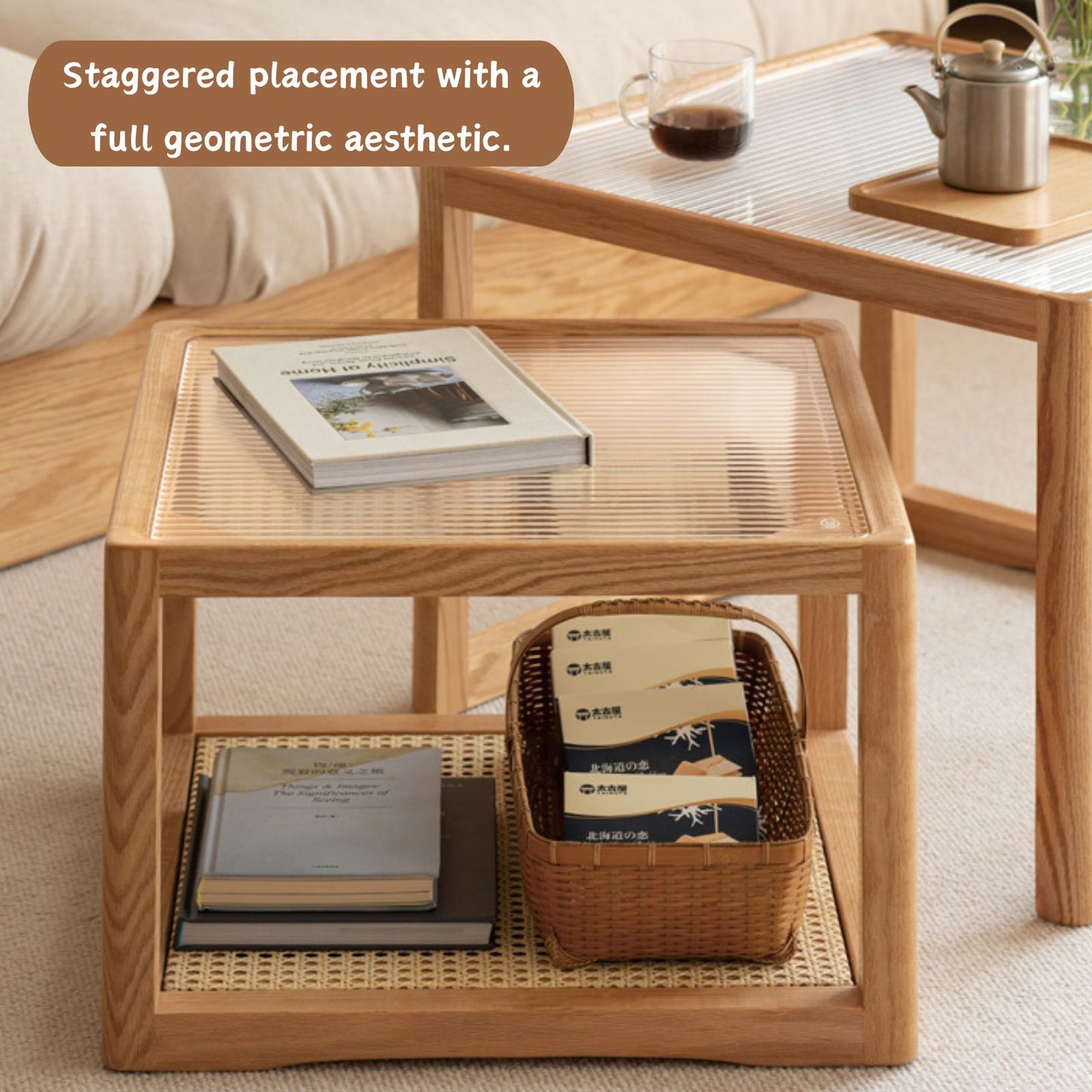 100% 实木藤条咖啡桌,带钢化玻璃台面,波西米亚风(19.68 英寸/ 23.62 英寸)