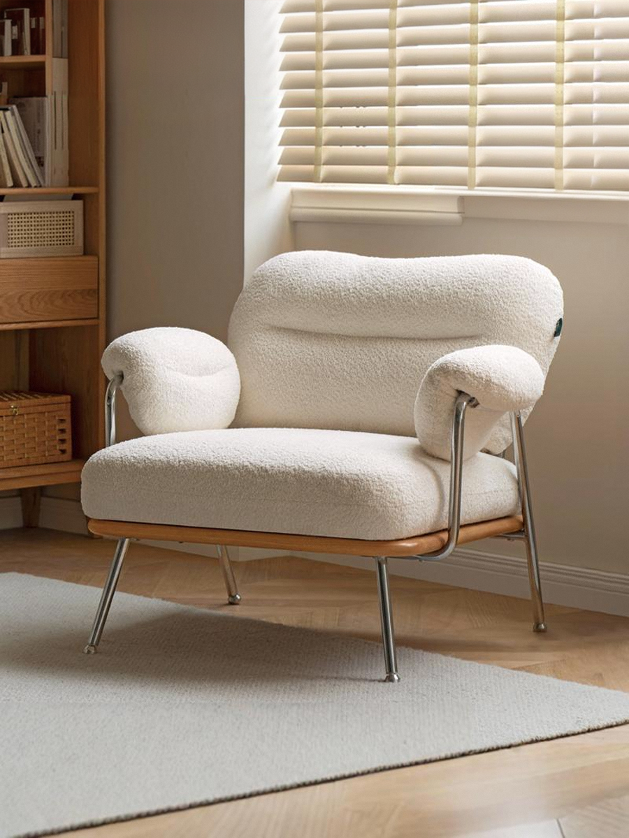 Nordic Shearling Accent Chair - Washable Cream Lounge Chair with Iron Frame & Oak Base