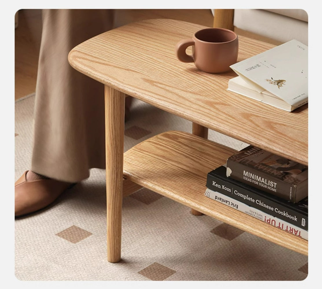 100% 实木浅色咖啡桌 2 层椭圆形咖啡桌,带储物空间 (39.37 英寸/47.24 英寸)-LD