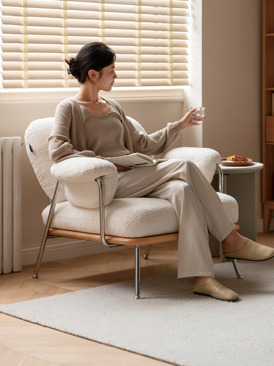 Nordic Shearling Accent Chair - Washable Cream Lounge Chair with Iron Frame & Oak Base