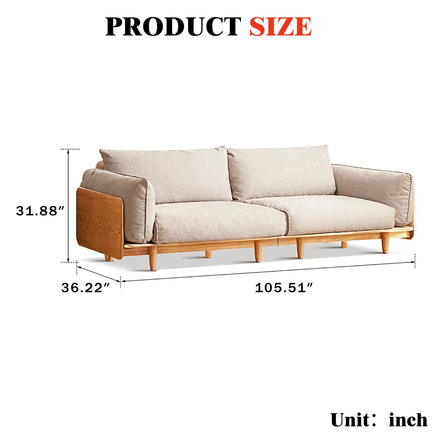 Solid Wood Cherry Sofa – Modern Minimalist Nordic Linear Sofa, Genuine Leather Couch for Small Living Rooms