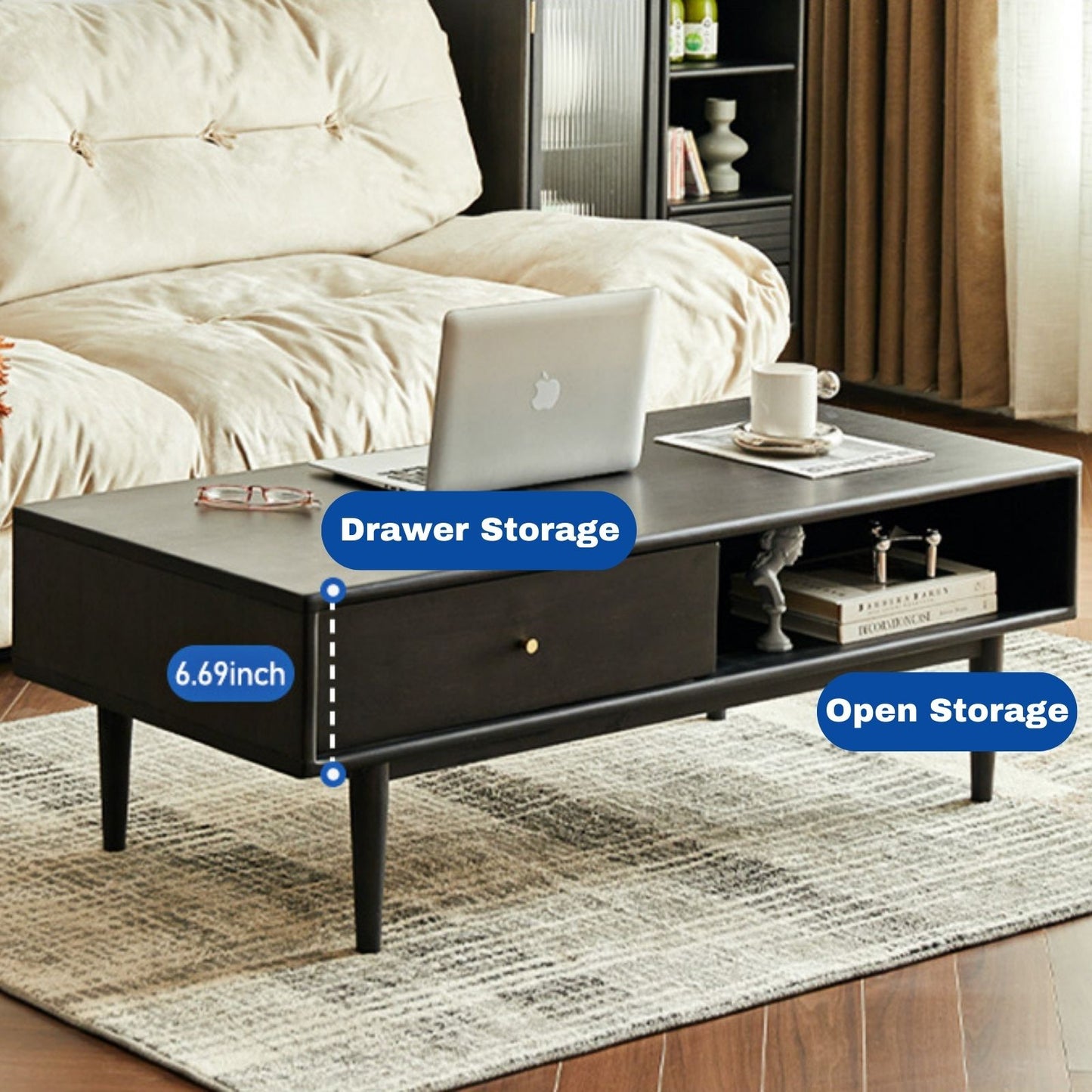 100% 橡胶木现代经典 100% 实木咖啡桌配藤条(黑色)