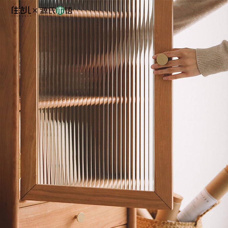 100% 实木储物柜,带玻璃门和抽屉(自然色)