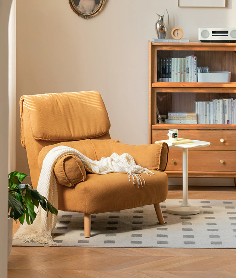 Retro Corduroy Lounge Chair - Compact U-Arm Design with Solid Beech Wood Base