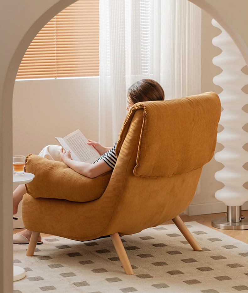 Retro Corduroy Lounge Chair - Compact U-Arm Design with Solid Beech Wood Base