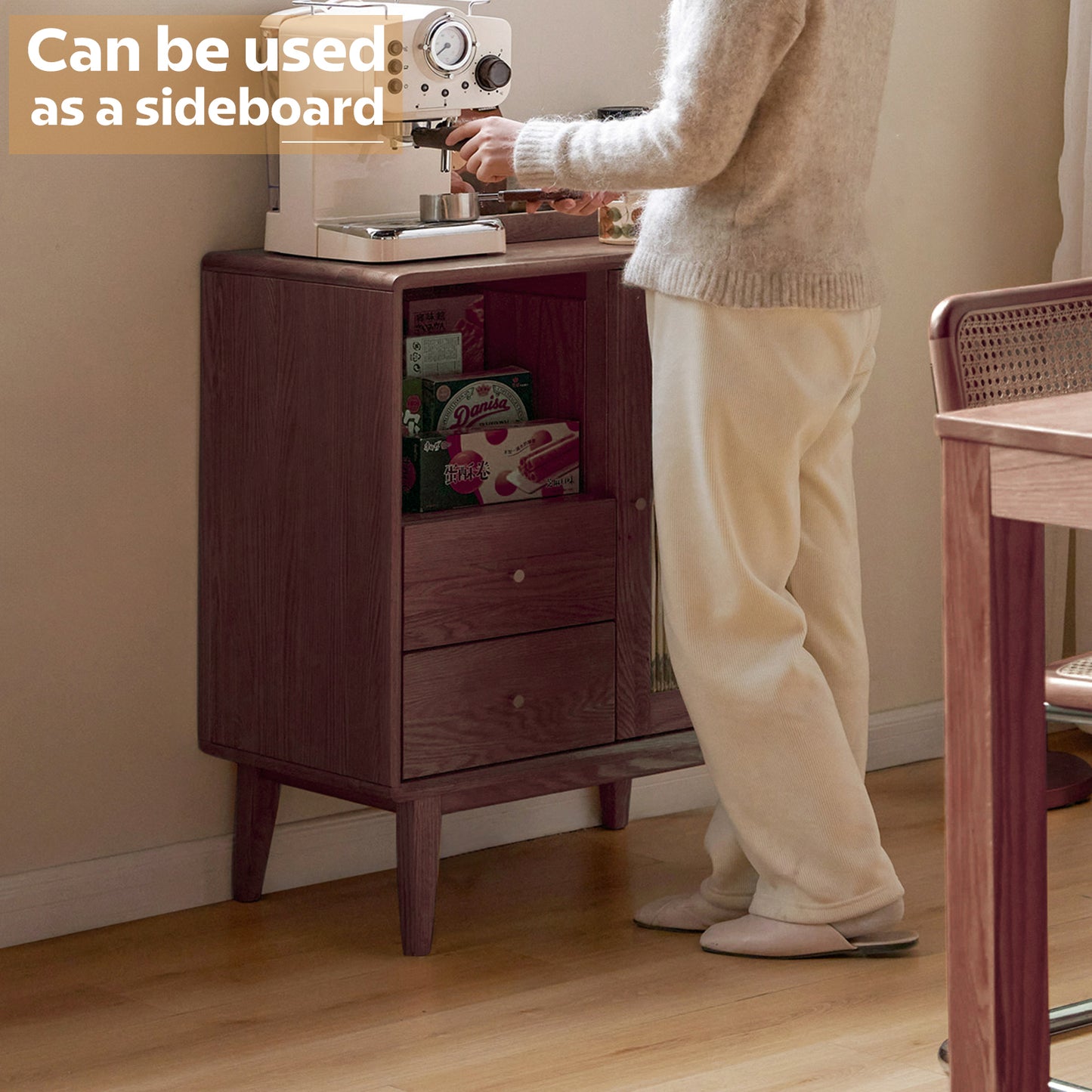 100% 实心橡木咖啡吧台双层储物自助餐柜(胡桃木)