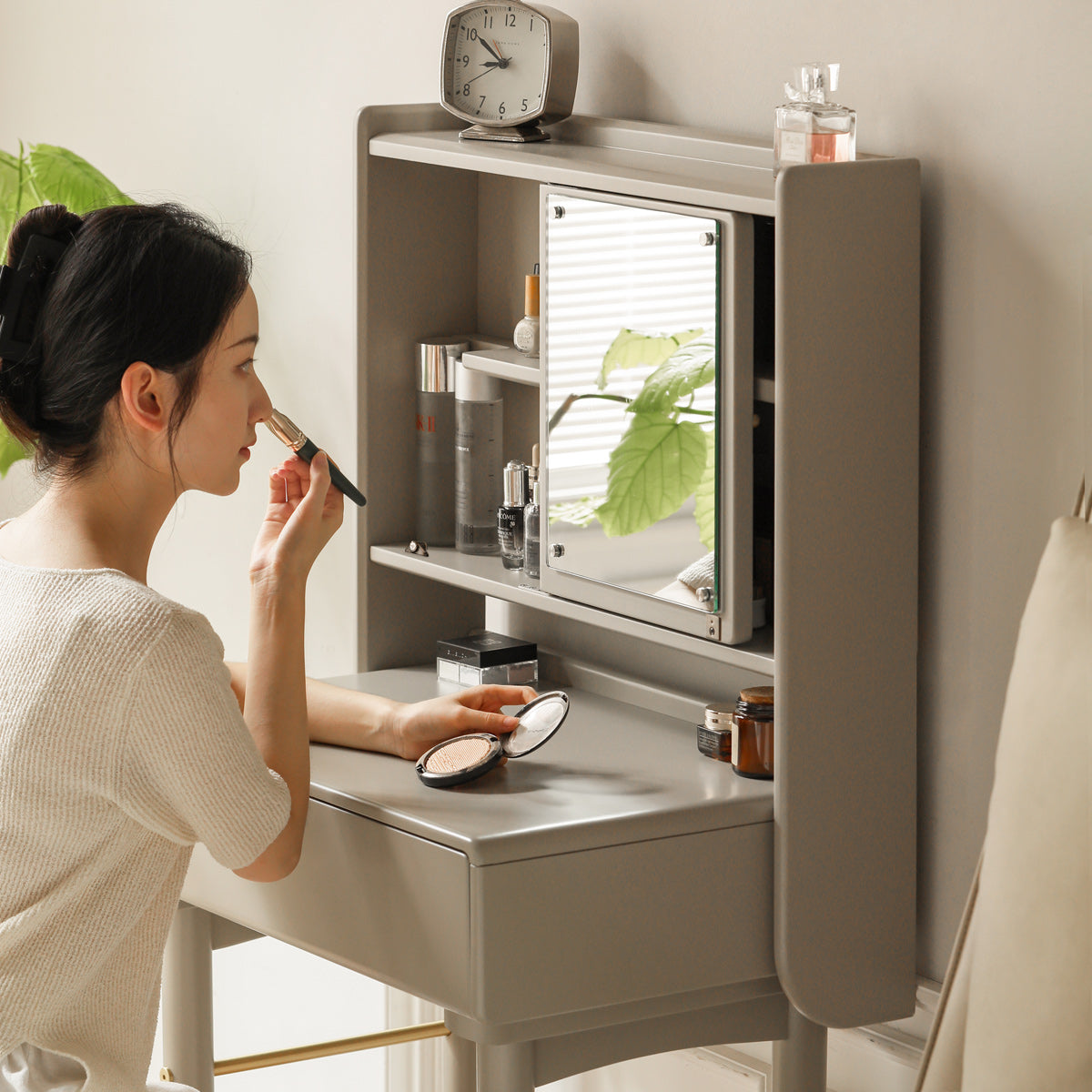 优质实木化妆台配化妆镜和收纳架(浅灰色)