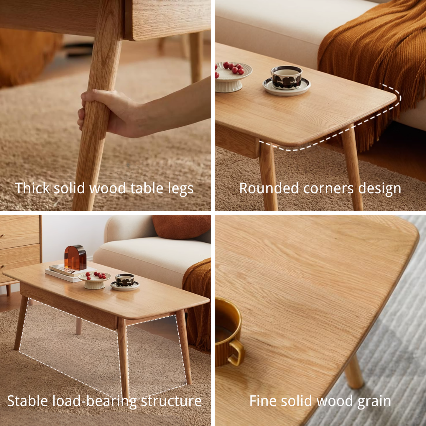 100% 实木中世纪现代咖啡桌带抽屉,简约咖啡桌矩形天然木咖啡桌