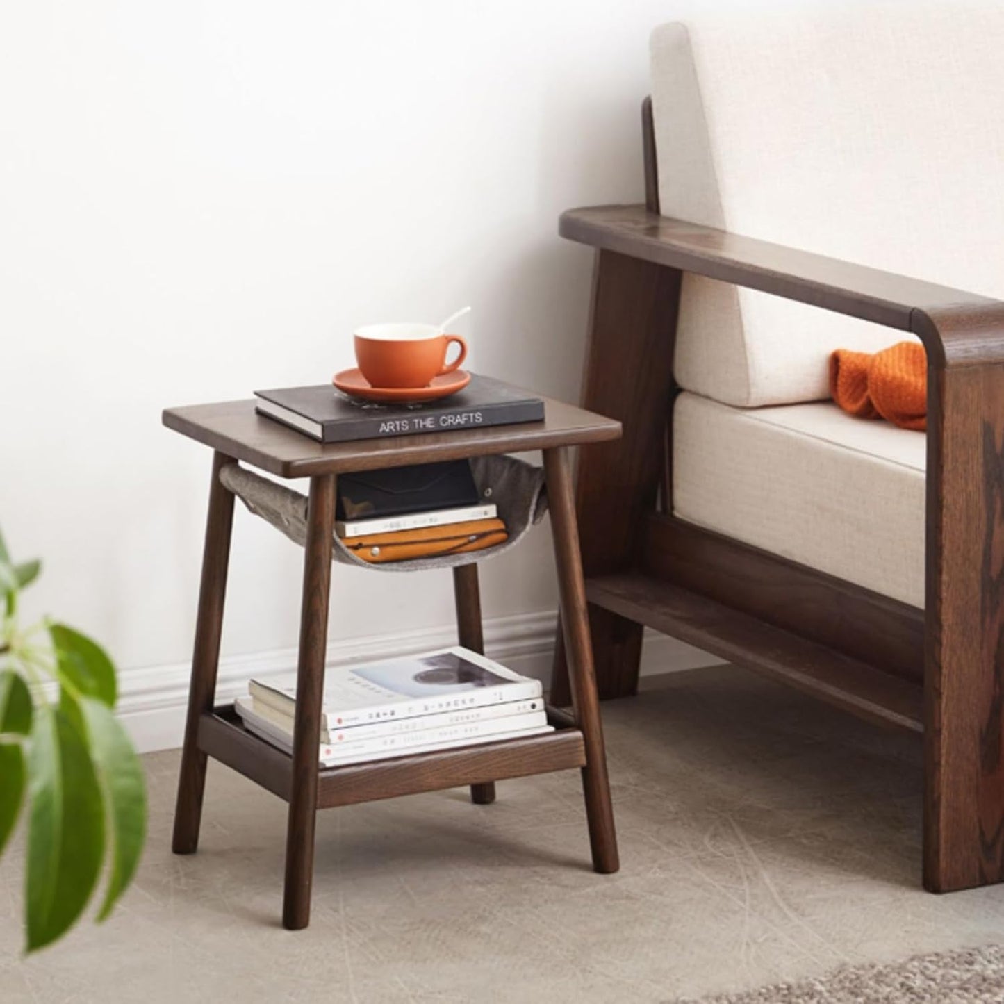 100% 实心橡木边桌/茶几床头柜,带储物袋(自然色/胡桃木色)