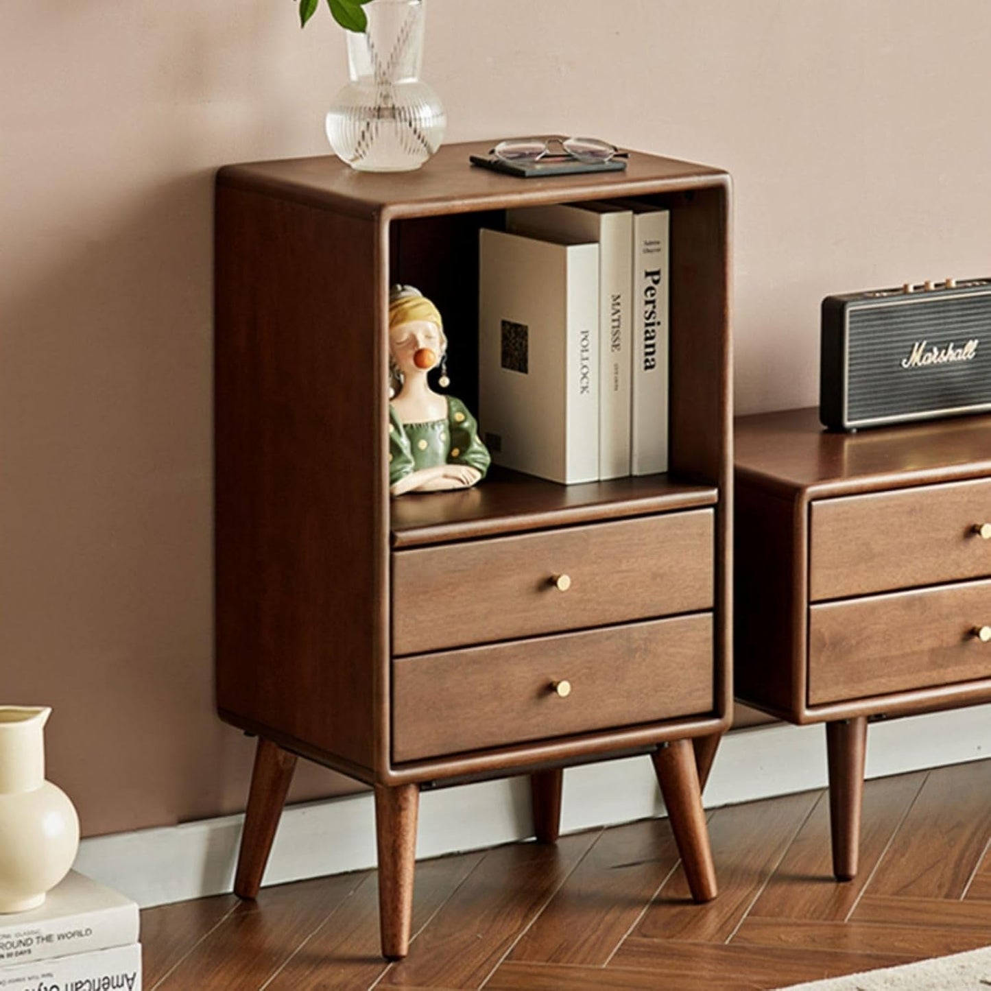 100% 实木卧室床头柜收纳柜/书柜(胡桃木)