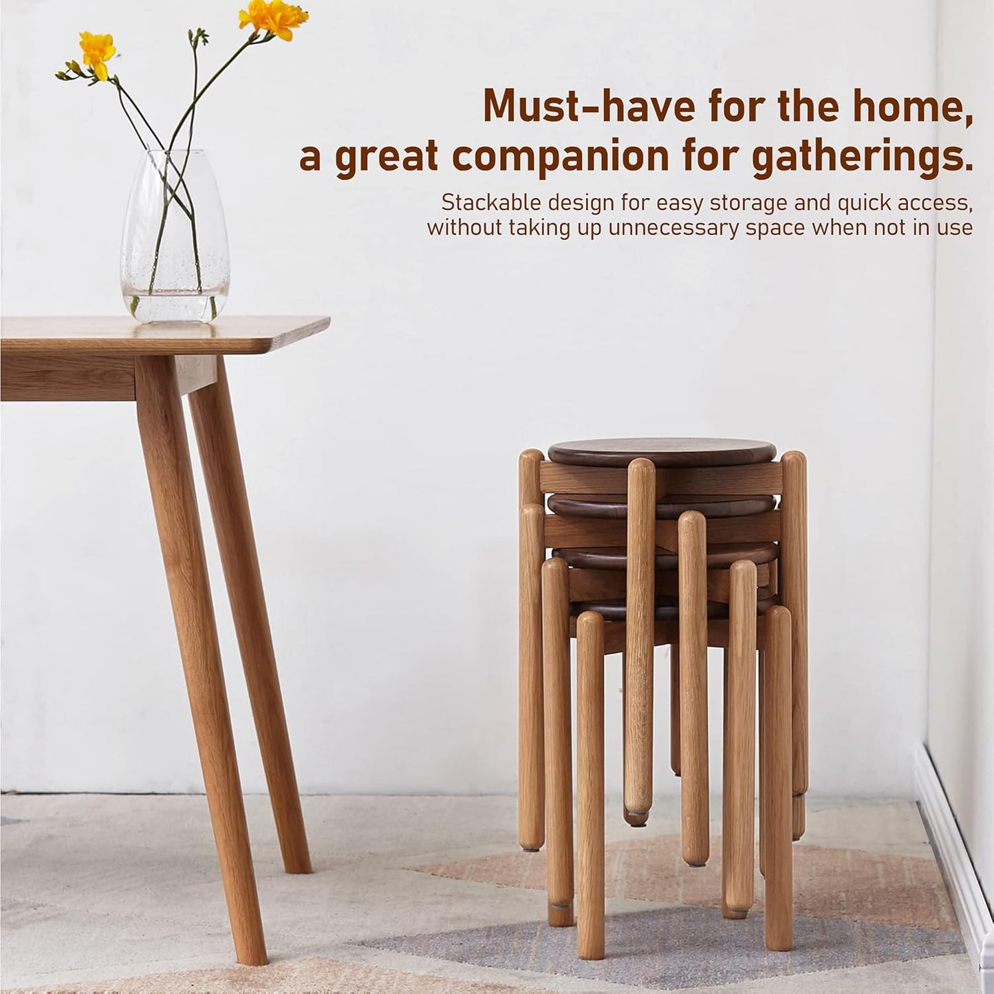 100% 实木可叠放凳子现代风格酒吧凳(天然色/胡桃木色)