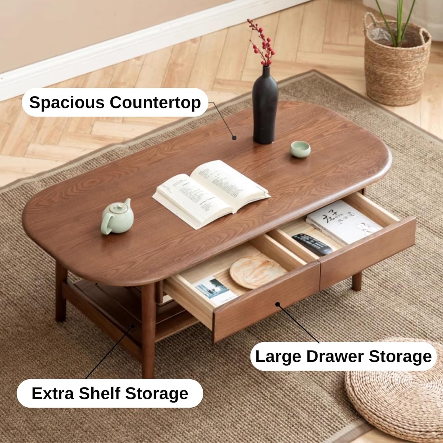 100% 实木咖啡桌 胡桃木色 双层 (39.37"/ 47.27")