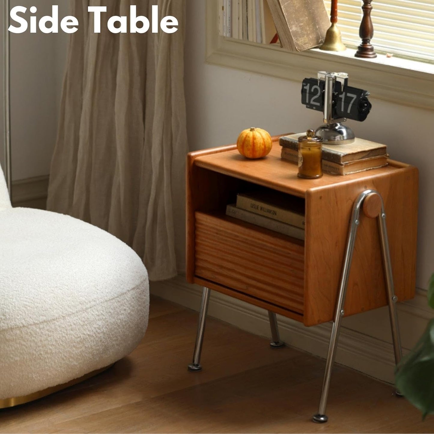 100% 实木床头柜小边桌带抽屉(自然色)