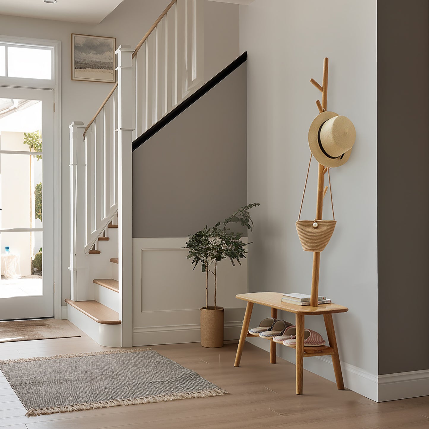 100% 实木鞋凳储物凳自然色(23.6 英寸/31.5 英寸)