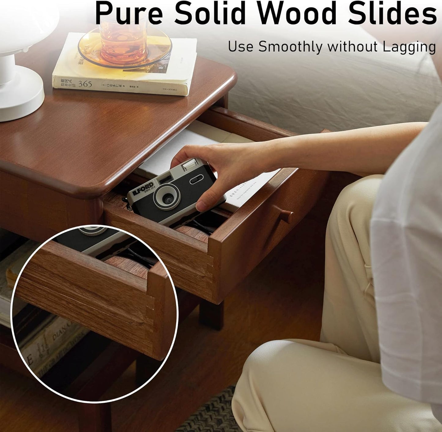 100% Solid Wood Bedside Table Single Drawer Open Design Partition Nightstand (Natural/Walnut)