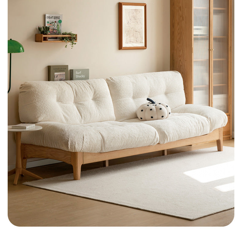 Modern Minimalist Solid Wood Sofa – Oak Living Room Down Sofa for Small Spaces in White Cloud Design
