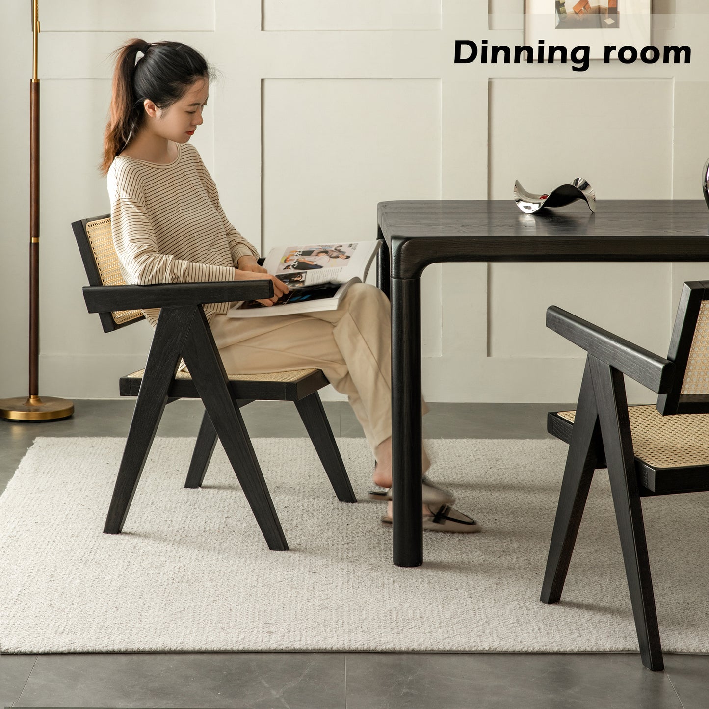 100% 实心橡木烟熏椅藤条靠背(黑色)