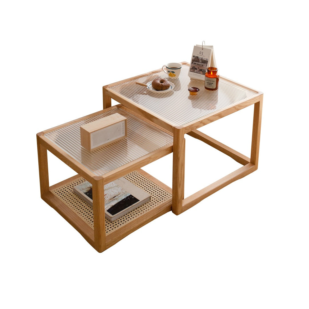 100% 实木藤条咖啡桌,带钢化玻璃台面,波西米亚风(19.68 英寸/ 23.62 英寸)