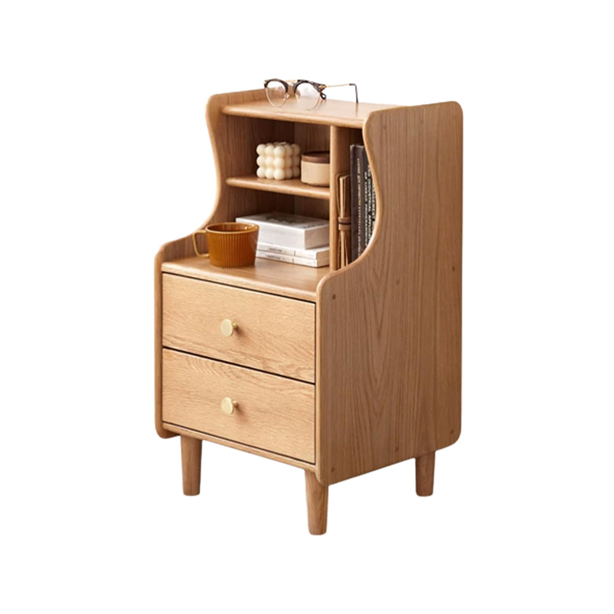 100% 实木床头柜 三隔间床头柜 边桌(自然色/胡桃木色)