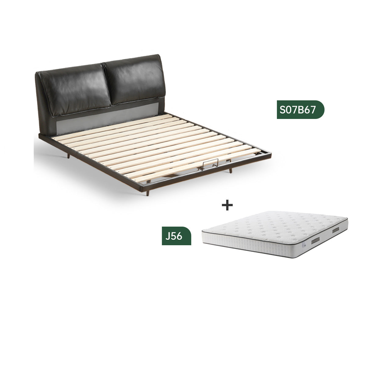 Modern Style Leather Suspension Double Bed with Mattress (Black)