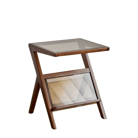 Z-Shaped Wood Side Table with Removable Glass Top (Walnut)