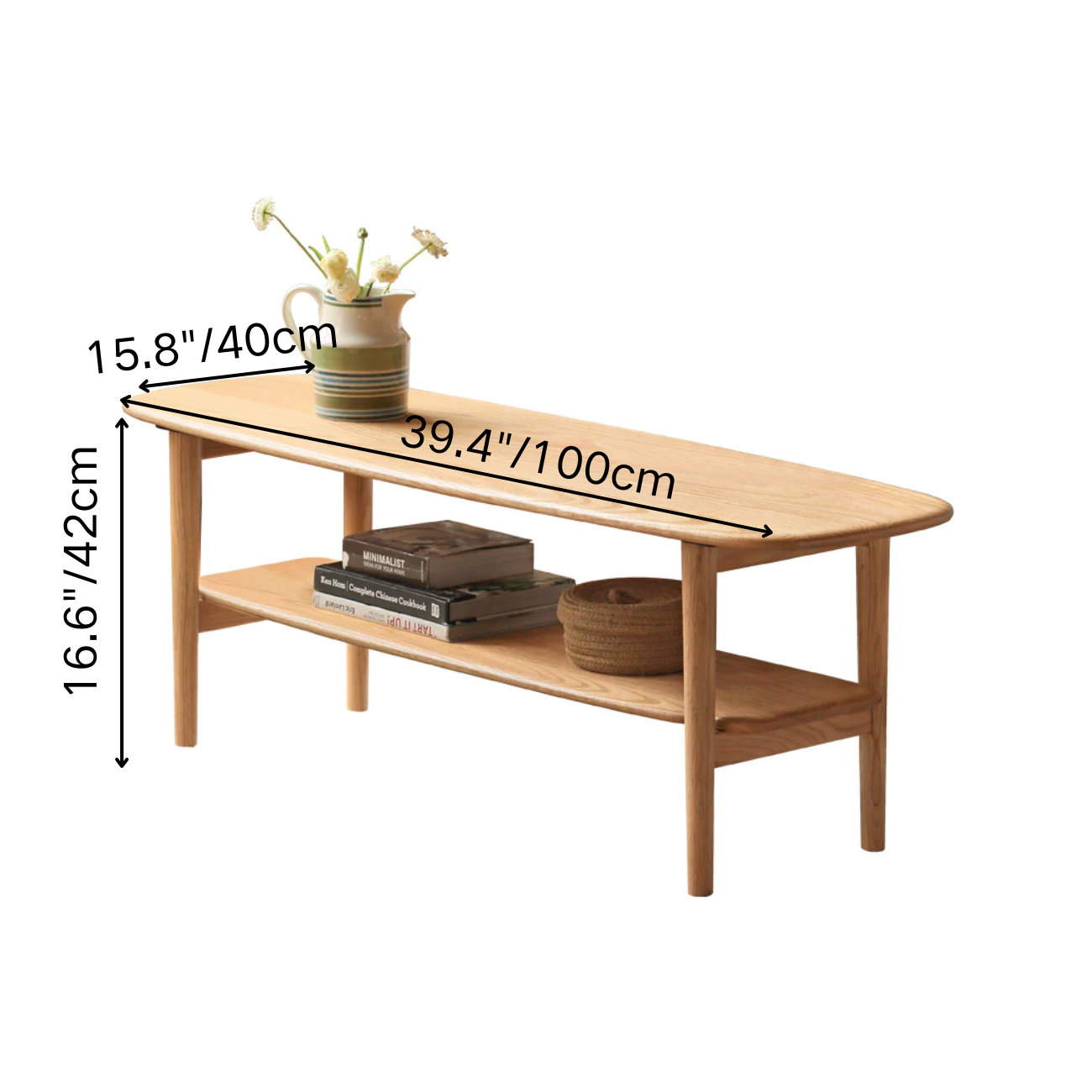 100% Solid Light Wood Coffee Table 2-Tier Oval Coffee Table with Storage (39.37"/ 47.24")-LD