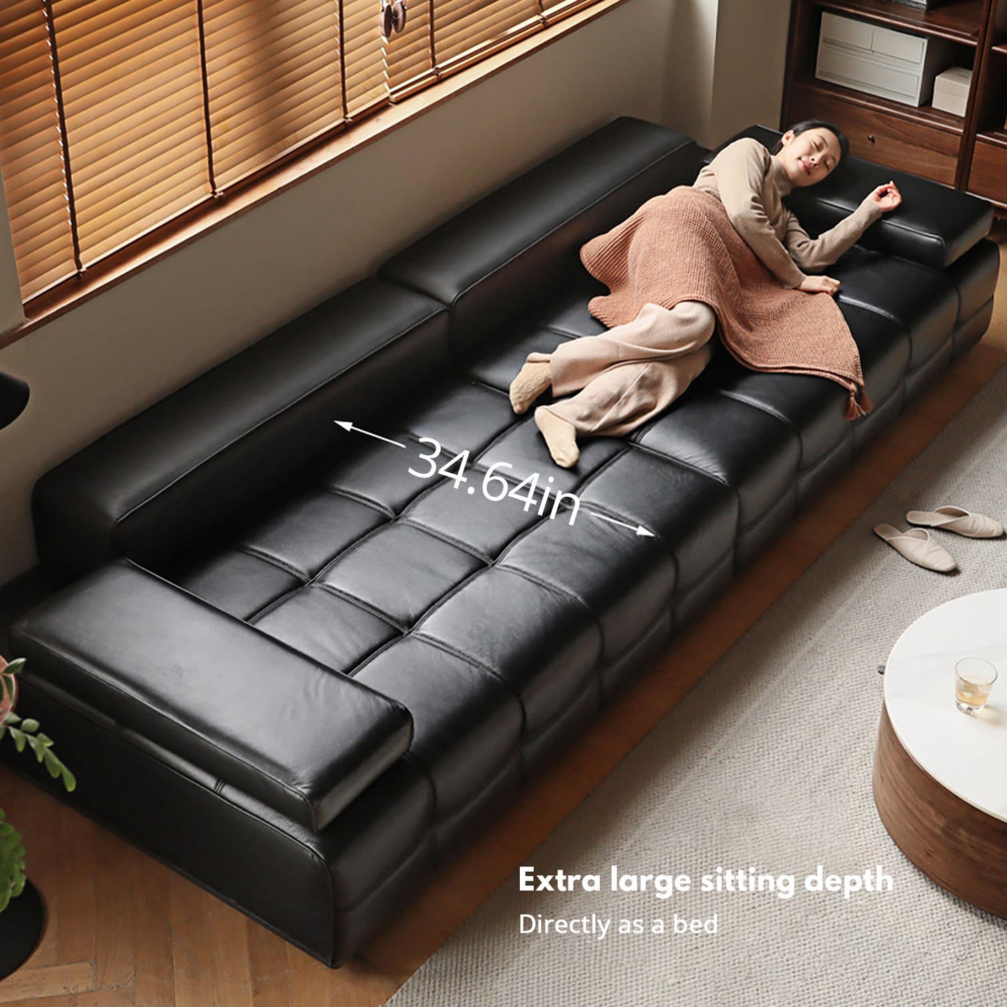 Lawrence Italian Minimalist Black Leather Sofa – Premium Top-Grain Crumple Leather