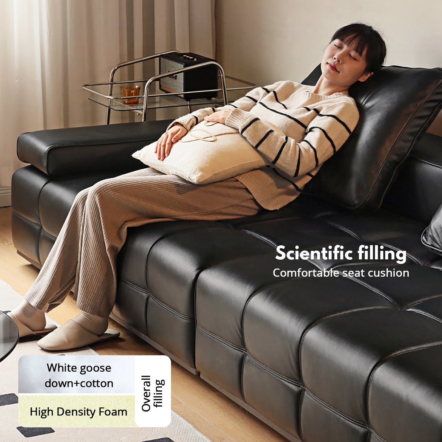 Lawrence Italian Minimalist Black Leather Sofa – Premium Top-Grain Crumple Leather